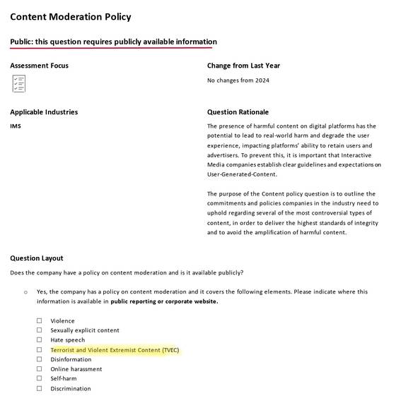 S&P의 지속가능경영 평가 항목 중 일부