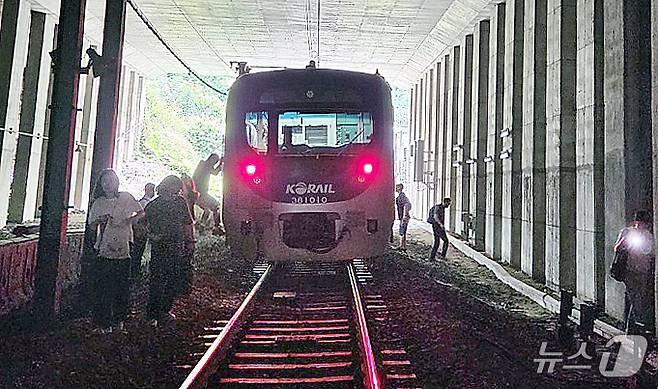 13일 오전 경의중앙선 신촌역 인근에서 사다리차 전도사고가 발생해 가좌역~신촌역 구간이 양방향 통제된 가운데 서울역행 경의중앙선 열차에 탑승한 승객들이 열차에서 내려 선로를 따라 대피하고 있다. (독자 제공, 재판매 및 DB금지)