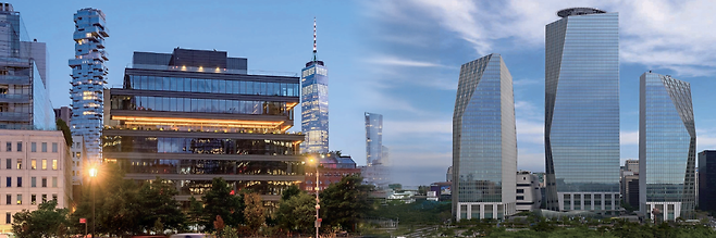 현대차그룹이 2023년 2월 7500만달러에 사들인 미국 뉴욕 맨해튼의 트라이베카 빌딩(왼쪽)과 서울 영등포구 국제금융센터(IFC). /블룸버그·뉴스1