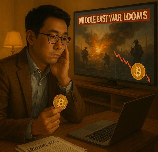 중동 전운 고조에 따른 투심 악화로 가상자산 가격 하락. [챗GPT를 사용해 제작함]