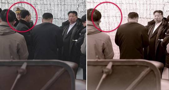 지난 3월 조선중앙tv가 보도한 장면(왼쪽) 과 지난 13일 조선중앙tv가 보도한 장면(오른쪽) 에서 김명식 해군사령관과 홍길호 청진조선소장의 모습이 사라진 사실이 비교된다. 사진=뉴스1(NK뉴스 홈페이지)