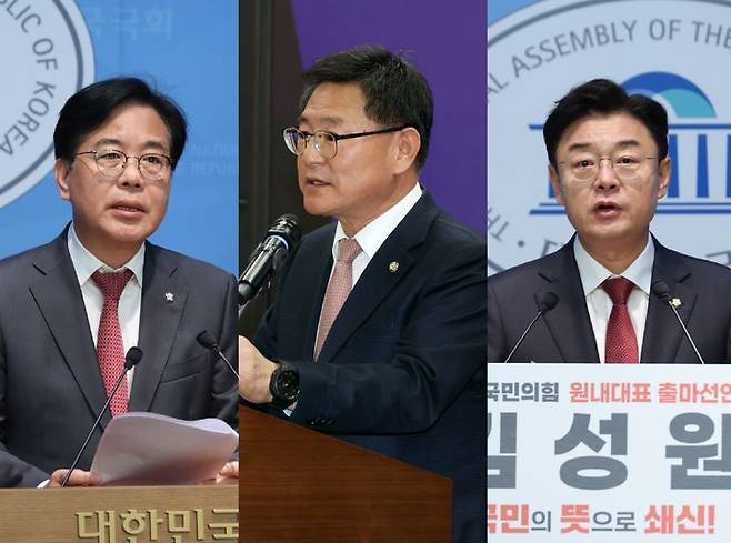 [서울=뉴시스] 왼쪽부터 송언석 국민의힘 의원, 이헌승 국민의힘 의원, 김성원 국민의힘 의원. 2025.06.14. photo@newsis.com *재판매 및 DB 금지