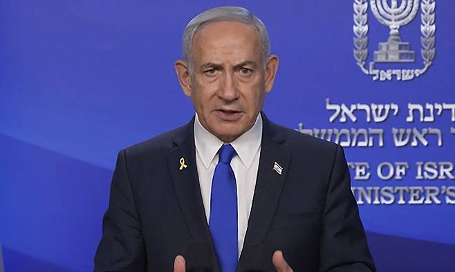 13일(현지시간) 베냐민 네타냐후 이스라엘 총리가 이란 공습 작전에 대해 발표하고 있다. AFP연합뉴스