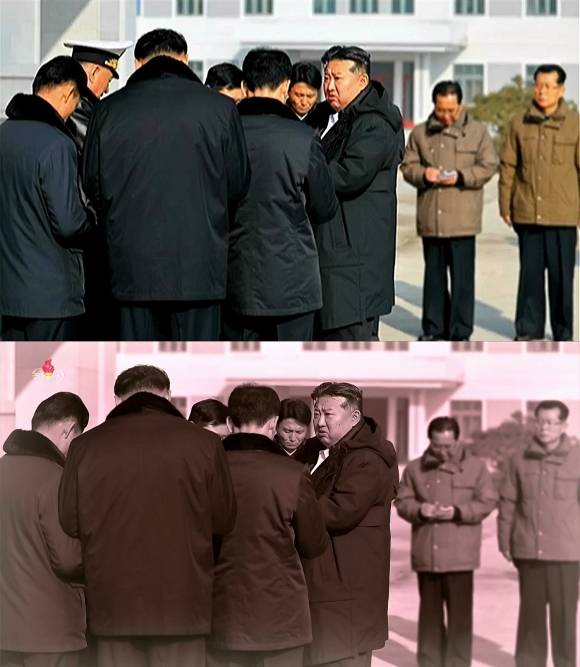 재공개된 사진에는 3월 보도 당시에는 등장했던 김명식 해군사령관의 모습이 지워진 것으로 확인됐다. 사진=조선중앙TV 캡처. 2025.06.14. 뉴시스