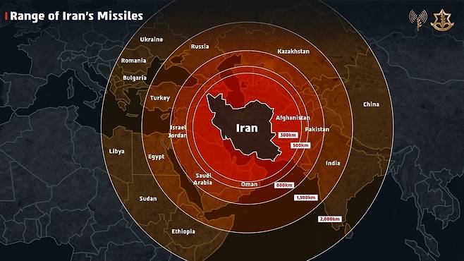 이란의 미사일 사거리 [이스라엘군 제공. 재판매 및 DB 금지]