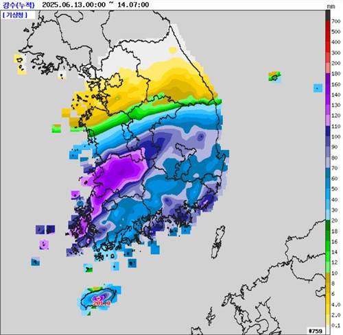 전국 누적 강수량(2025.6.13.00:00∼2025.6.14.07:00) [기상청 제공]