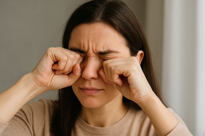 양 손으로 눈을 비비는 여성