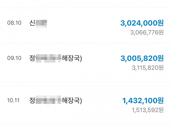 김소영씨가 지난해 8~10월 받은 월급 내역. 8월에는 사업주 신모씨 명의로, 9월과 10월에는 신씨의 배우자인 정모씨의 명의로 입금됐다. 김씨는 월급 내역을 통해 신씨가 운영하는 사업장 간 인사·회계가 분리되지 않았으므로 해당 사업장이 5인 미만 사업장에 해당하지 않는다고 주장하고 있다.