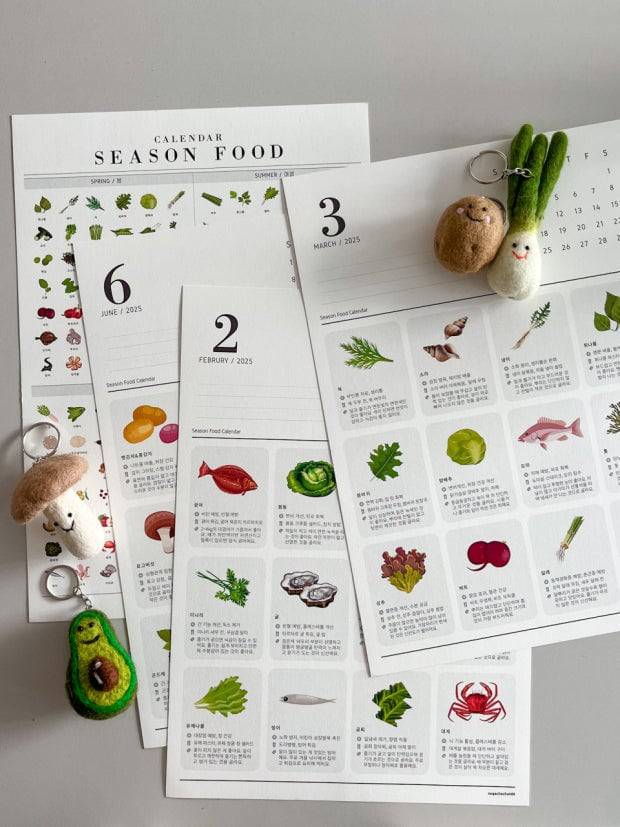 '제철코어'의 일환으로 유행 중인 제철 음식 달력. 월별로 꼭 먹어야 하는 제철 음식을 그림으로 나타낸 것으로, 도시에서 자라난 기후변화 세대에겐 생소한 정보다. /인터넷 커뮤니티