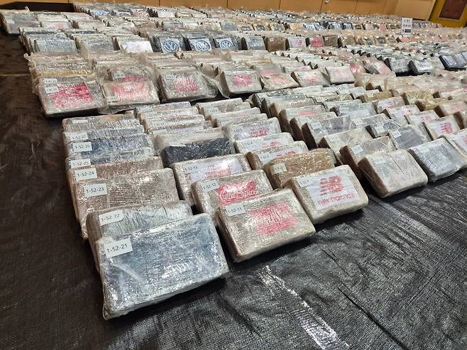 지난달 28일 강원도 동해시 동해지방해양경찰청에서 열린 정부합동 수사본부 마약수사 결과 발표 브리핑에서 지난 4월 강릉 옥계항에서 적발된 코카인 블럭 1690개를 비롯한 증거품이 공개되고 있다. 적발된 코카인은 가로 10㎝, 세로 6㎝, 높이 1.7㎝ 크기의 4각 블록 형태의 코카인 1690개다. 수 십번 감싼 비닐 포장지를 제거한 무게는 개당 1㎏로, 순수 코카인의 총 무게는 1690㎏(포장지 포함 1988.67㎏)로 최종 확인됐다. 이는 대한민국 전체 인구 수를 넘는 약 5700만명이 한꺼번에 투약할 수 있는 양이다. /뉴스1