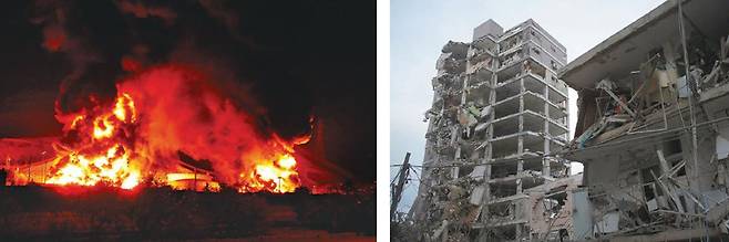 15일(현지 시간) 새벽 이스라엘의 미사일 공격으로 인해 이란 테헤란 시내 석유 저장시설에 불길이 치솟고 있다. 이날 이스라엘 텔아비브 인근에서 이란이 발사한 미사일에 의해 파괴된 건물들. AP뉴시스