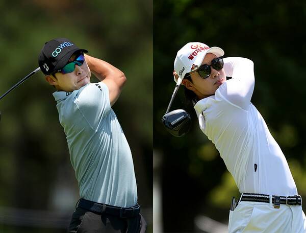 한국프로골프(KPGA) 투어와 일본프로골프투어(JGTO)가 공동 주관하는 2025년 하나은행 인비테이셔널 우승 경쟁에 뛰어든 최진호, 이형준 프로가 3라운드에서 경기하는 모습이다. 사진제공 =KPGA