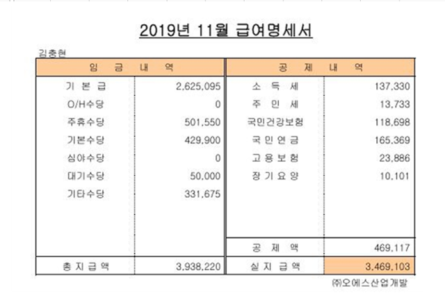 김충현씨의 2019년 11월 급여명세서. 태안화력 고 김충현 비정규직 노동자 사망사고 대책위원회 제공