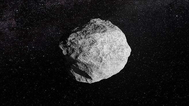 지구에서 약 3억9000만㎞ 떨어진 우주를 날고 있는 소행성 ‘2024 YR4’ 상상도. 유럽우주국(ESA) 제공