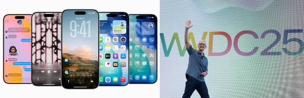 팀 쿡 애플 CEO가 쿠퍼티노의 애플 캠퍼스에서 미국 현지 시간으로 지난 9일 열린 연례 개발자회의에서 등장하고 있다. 애플은 아이폰(왼쪽 사진)을 비롯한 모바일 기기 운영체제를 새 디자인, 지능 경험 등을 포함한 iOS 26으로 업데이트를 진행한다.  애플 제공AP 연합뉴스