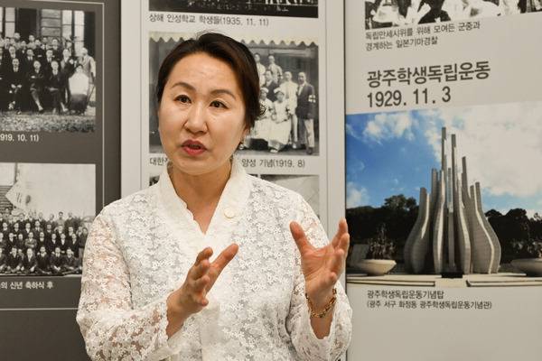 심옥주 (사)한국여성독립운동연구원장이 여성독립운동가의 활동에 관해 말하고 있다.  김정록 기자