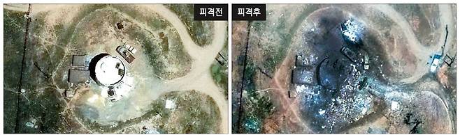 이스라엘 폭격에…파괴된 이란 핵시설 이란의 핵과 주요 군사시설들을 13일 새벽(현지시간) 이스라엘이 집중 공격한 후 이란 북서부 피란샤흐르 핵 시설이 대거 파괴됐다(오른쪽 사진). 이 사진을 미국 인공위성 기업 맥사테크놀로지가 공개했다. 왼쪽 사진은 피격 전 모습.  AFP연합뉴스