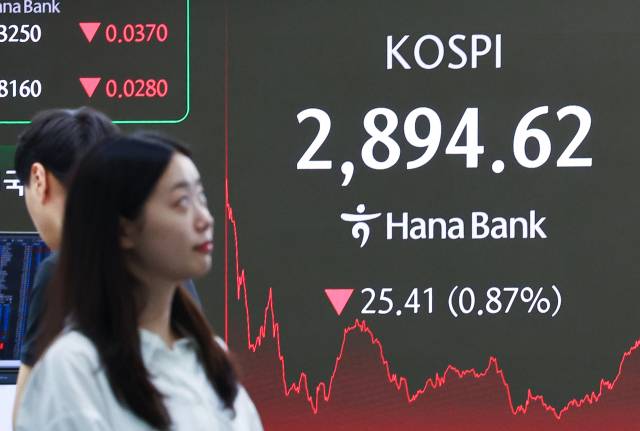 이스라엘이 이란에 대한 공습에 나서는 등 중동 위기가 격화한 13일 서울 중구 하나은행 본점 딜링룸 현황판에 코스피가 표시돼 있다.연합뉴스