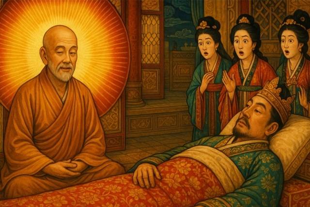 원광법사가 설법으로 진평왕을 치료하고 있는 장면을 인공지능 AI가 그린 그림.