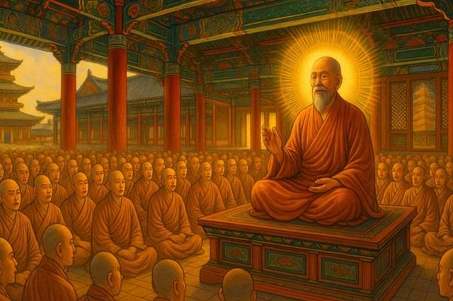 신라 황실에서 운영했던 황룡사에서 원광법사가 백고강좌를 진행하고 있는 장면을 인공지능 AI가 그린 그림.