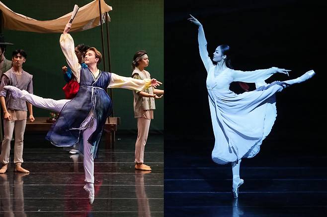 만남과 헤어짐이 엇갈렸다. 14일 유니버설 발레단의 ‘발레 춘향’ 공연에서 4대(代) ‘푸른 눈의 이몽룡’으로 첫 데뷔 무대를 가진 솔리스트 이고르 콘타레프(왼쪽)와 주역 ‘춘향’으로 고별 무대를 가진 솔리스트 한상이. /유니버설 발레단