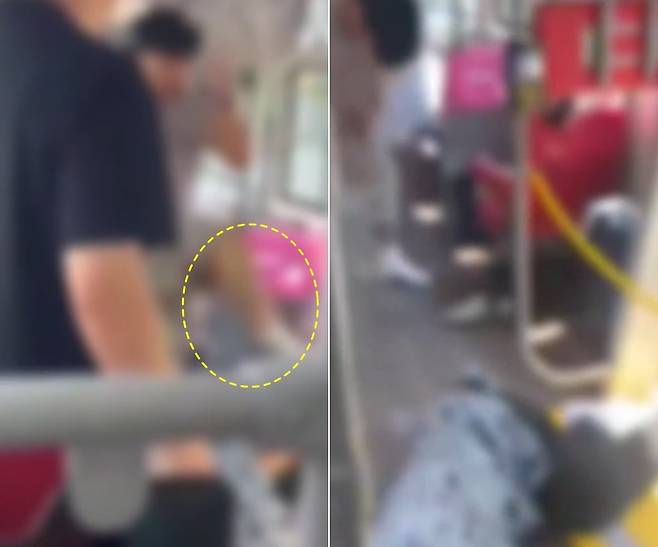 20대 남성이 노인에게 발길질을 하는 모습(왼쪽), 얼굴을 가격당한 노인이 버스 바닥에 쓰러진 모습./보배드림