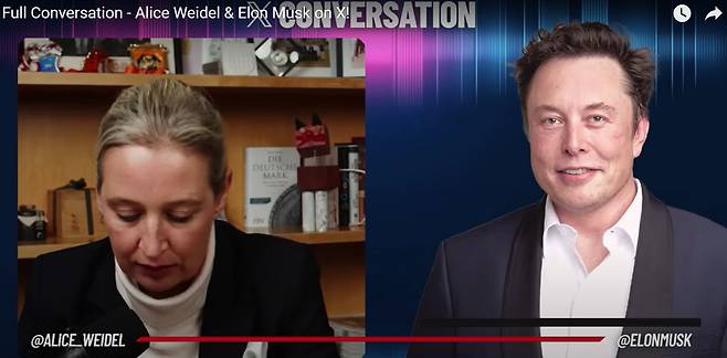 2025년 1월9일에 진행된 일론 머스크와 독일 극우정당 ‘독일을 위한 대안’(AfD) 당수 알리스 바이델 간의 엑스(옛 트위터) 라이브스트림 대화. 유튜브 채널 ‘알리스 바이델’(Alice Weidel)에서 갈무리.
