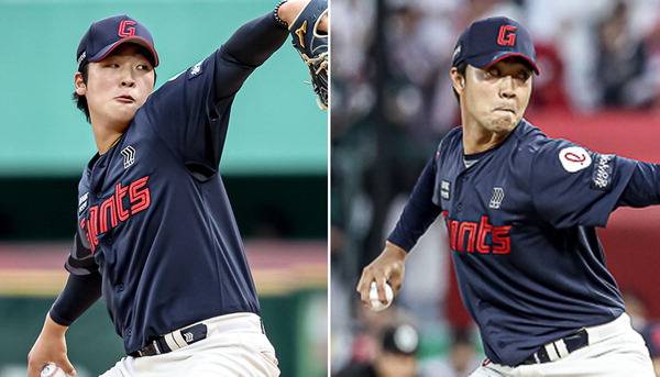 롯데가 선발 불안이 잦아들 때쯤 한화와 맞대결을 앞두고 있다. 사진은 선발로 자리 잡은 이민석(왼쪽)과 5선발 후보 윤성빈.  롯데 자이언츠 제공