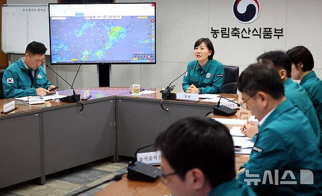[세종=뉴시스] 강종민 기자 = 송미령 농림축산식품부 장관이 12일 세종시 정부세종청사 농업재해대책상황실에서 장마 대비 추진상황 점검 회의를 주재하고 있다. 2025.06.12. ppkjm@newsis.com