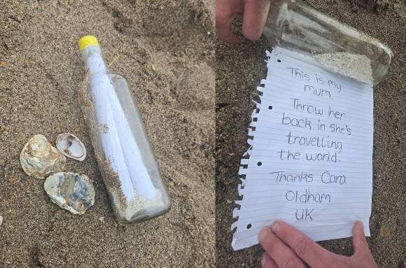 영국 올덤에 사는 카라 멜리아가 돌아가신 어머니의 골분과 쪽지를 담은 병을 바다에 띄웠고, 켈리 셰리던이라는 여성이 이 병을 발견했다. 켈리 셰리던 페이스북 캡처