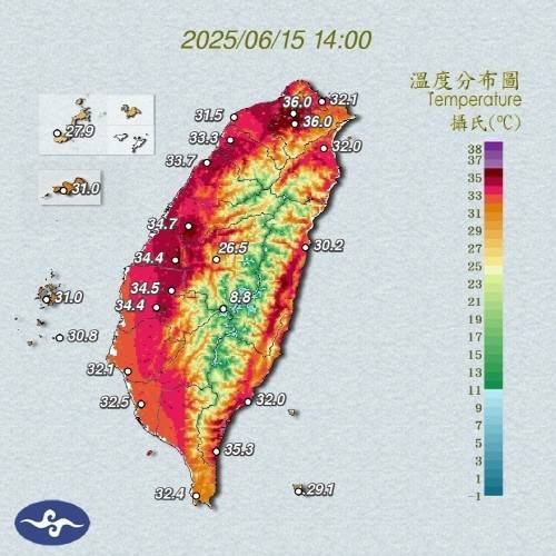 2025년 6월 15일 오후 2시 대만 기온 [대만 중앙기상서 캡처. 재판매 및 DB 금지]