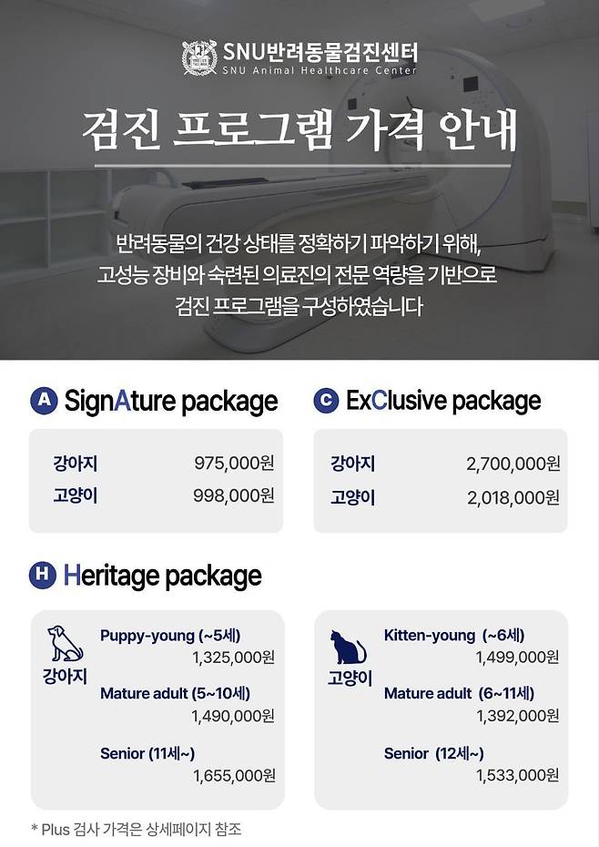 SNU 반려동물 건강검진센터에서 안내하는 건강검진 프로그램 가격. /홈페이지 캡처