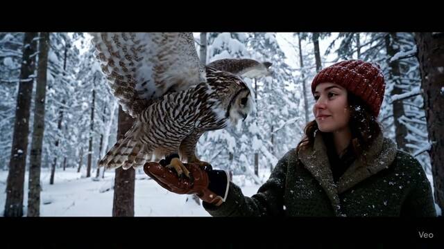 구글 ‘비오(Veo) 3’로 만든 영상 갈무리. “부엉이가 눈으로 뒤덮인 울창한 숲속을 날아서 갈색 머리 여자아이의 손에 착지하는 모습을 만들어달라”고 지시했다.