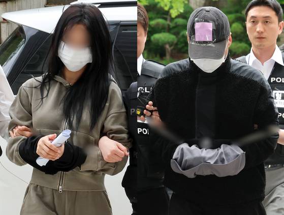 축구 국가대표 선수 손흥민의 아이를 임신했다고 주장하며 손씨에게 돈을 뜯어내려 한 20대 여성 양모씨(왼쪽)와 40대 남성 용모씨가 지난달 17일 영장실질심사를 받기 위해 서울중앙지법에 들어서고 있다. 뉴스1