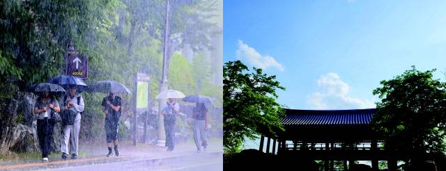 ▲ 영서지역 낮기온이 30도를 훌쩍 넘는 찜통날씨를 보이다 더위를 식혀주는 소나기가 내리자 16일 강원대 춘천캠퍼스에서 우산을 받쳐든 학생들이 강의실로 향하고 있다(사진 왼쪽). 이날 동해안 지역에는 바다에서 불어온 ‘동풍’으로  20도 안팎의 선선한 날씨를 보이자 시민들이 삼척 죽서루를 둘러보고 있다.  구정민·방도겸 기자