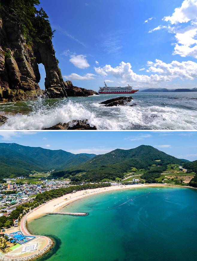 경남도가 추천한 여름휴가철 명소 중 사천 코끼리바위(위쪽 사진)와 남해 상주은모래비치 전경. 경남도 제공