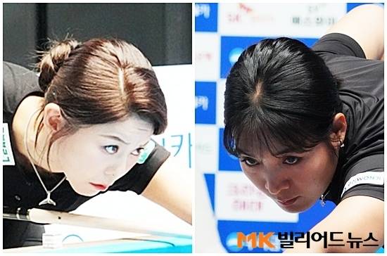 김가영(왼쪽)은 승부치기까지 가는 접전 끝에 히다에게 진땀승을 거뒀고, 스롱피아비는 김혜경을 세트스코어 3:0으로 물리쳤다. 두 선수는 나란히 16강에 선착했다.