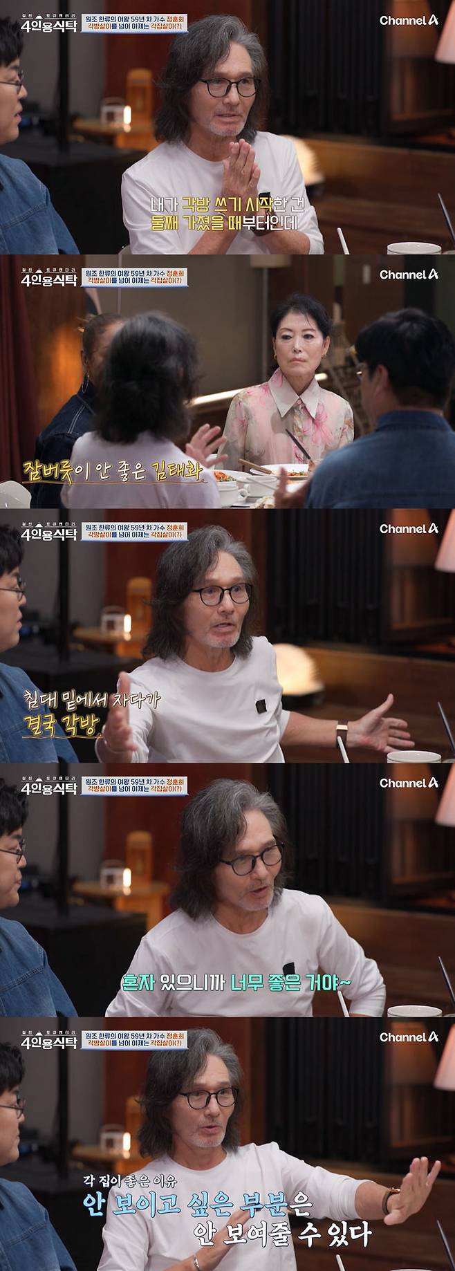 가수 김태화가 아내 정훈희와 각방 살이를 하다 지금은 각집 살이 중이라며, 따로 지내는 생활의 장점을 밝혔다. /사진=채널A '절친 토큐멘터리 4인용 식탁' 방송 화면