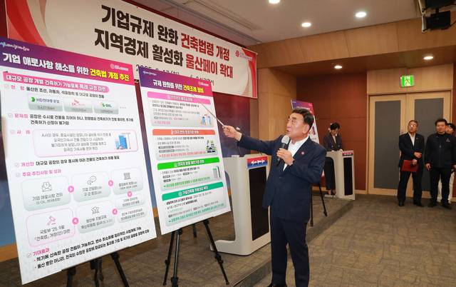 김두겸 울산시장이 17일 울산시청 프레스센터에서 기업규제완화를 위한 건축법령 개정 내용을 설명하고 있다. 울산시청 제공