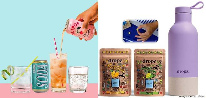 미국 기능성 탄산음료 올리팝(왼쪽), 스위스 드롭(dropz)의 텀블러 세트 [각사 홈페이지]