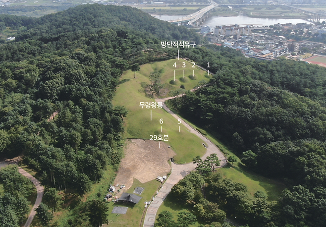 공주 무령왕릉과 5, 6, 29호분은 남쪽으로 길게 뻗어내린 능선 정상부와 사면에 위치하며, 1~4호분은 무령왕릉 북동쪽의 남사면에 동서방향으로 나란하게 위치해 있다. [국립부여문화유산연구소]