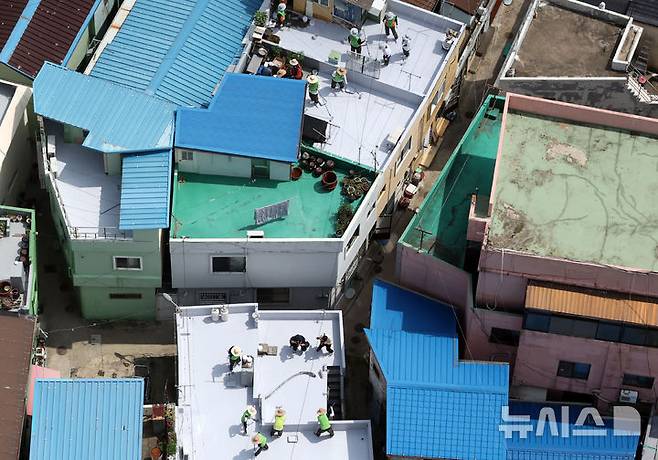 [부산=뉴시스] 하경민 기자 = 부산시자원봉사센터와 7개 기업·기관, 대학생 자원봉사자 등 130여 명이 17일 부산 남구 문현2동 일대 주택 20여 곳의 옥상에서 쿨루프(Cool Roof) 열차단 페인트를 도포하는 봉사활동을 하고 있다.쿨루프는 태양열 반사 및 열 차단 효과가 있는 친환경 도료를 주택 지붕 및 옥상에 도포해 실내온도를 효과적으로 낮추는 기술이다. 2025.06.17. yulnetphoto@newsis.com