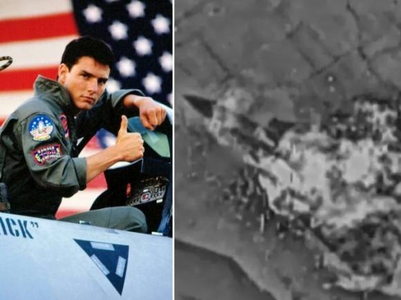 왼쪽은 톰 크루즈 주연 영화 탑건 한 장면, 오른쪽은 이스라엘군이 드론 공습으로 파괴한 이란의 F-14 톰캣 전투기. 이스라엘군 제공