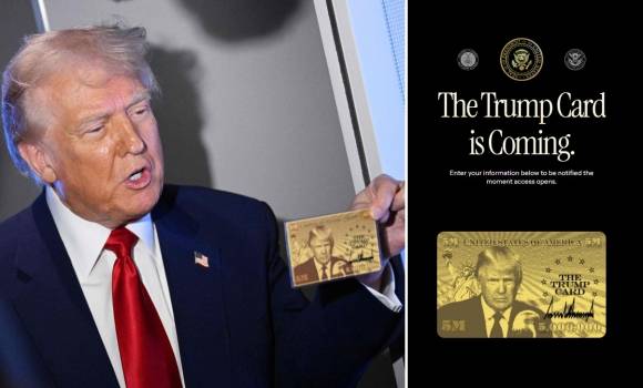 도널드 트럼프 미국 대통령이 지난 4월 3일(현지시간) 에어포스원에서 선보인 골드카드(왼쪽)와 이를 발급받기 위한 신청 사이트. AFP 연합뉴스·트럼프카드고브