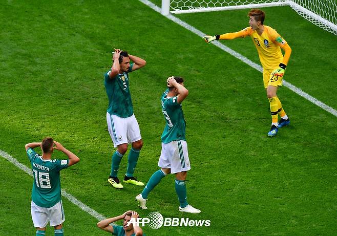 지난 2018 국제축구연맹(FIFA) 러시아 월드컵 조별리그 최종전 독일전에서 조현우의 선방에 득점 기회가 막히자 아쉬워하고 있는 독일 대표팀 선수들. /AFPBBNews=뉴스1