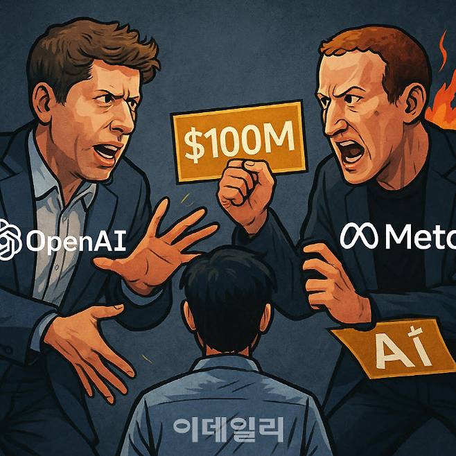 샘 올트먼 오픈AI 최고경영자(CEO)와 마크 저커버그 메타플랫폼 CEO가 AI 인재 영입을 위해 쟁탈전을 펼치고 있다.(사진=챗GPT 이미지 생성)