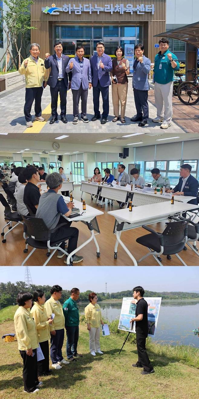 광주 광산구의회가 18일 제297회 정례회 중 상임위원회별로 하남다누리체육센터, 평동호수 누리길 조성 현장 등을 찾아 주요 현안을 점검하고 관계자들과 간담회를 진행하고 있다.