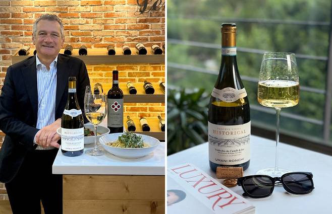 우마니 론끼의 미켈레 베르네티 오너(왼쪽 사진)와 이탈리아 화이트 와인의 수준을 한 단계 끌어올렸다는 평가를 받고 있는 ‘히스토리컬’(오른쪽 사진). 우마니 론끼 홈페이지·김유경 푸드디렉터 제공