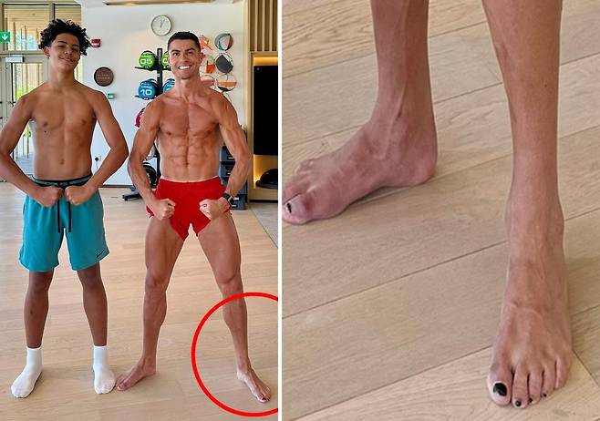 세계적인 축구 스타 크리스티아누 호날두(40)가 발톱에 검은색 매니큐어를 발라 누리꾼들의 눈길을 끌고 있다. 이는 단순한 스타일이 아닌, 호날두의 철저한 자기 관리 중 하나인 것으로 알려져 화제를 모았다. 사진=호날두SNS캡쳐