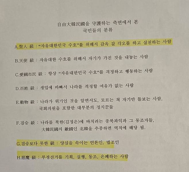 리박스쿨 사무실에서 나온 ‘자유대한민국을 수호하는 측면에서 본 국민들의 분류’ 문건. 독자 제공.